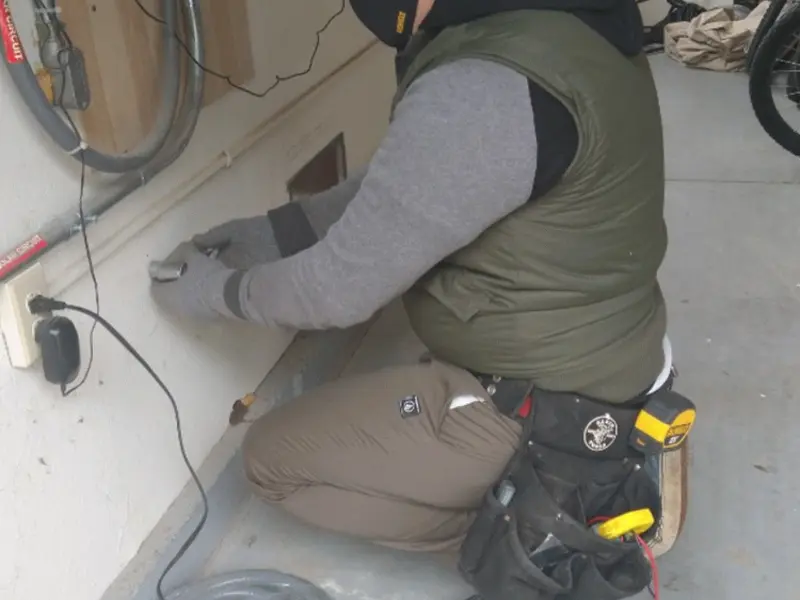 Electrician performing outlet wiring in a Elbridge garage